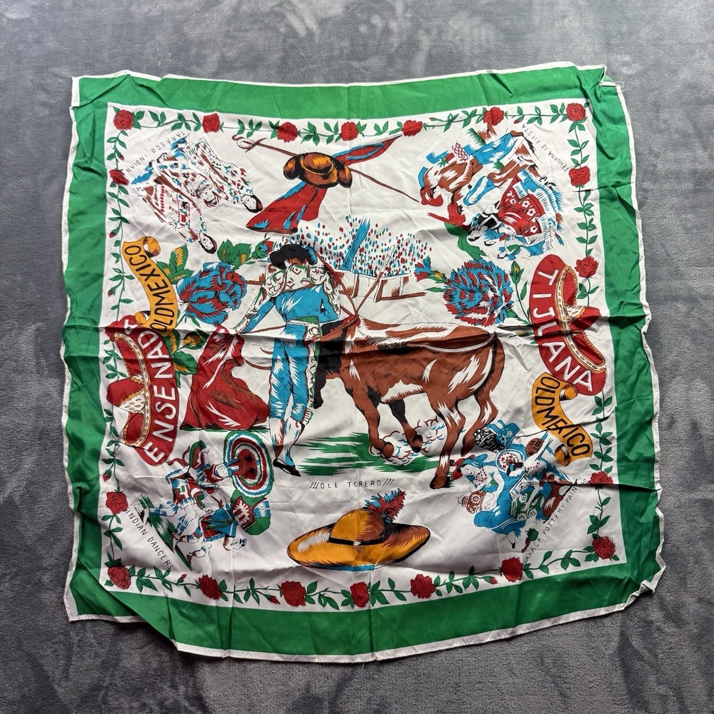 Vintage Mexico Souvenir Scarf Tijuana Old Mexico Bullfighter 35x30 Green